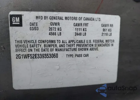 2003 Chevrolet Impala из США, поврежденный, VIN 2G1WF52E339353060